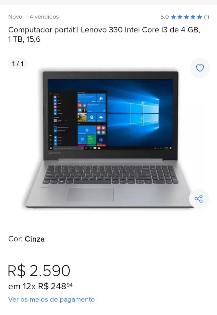 Notebook Lenovo 330 Intel Core i3 4GB 1TB 15.6
