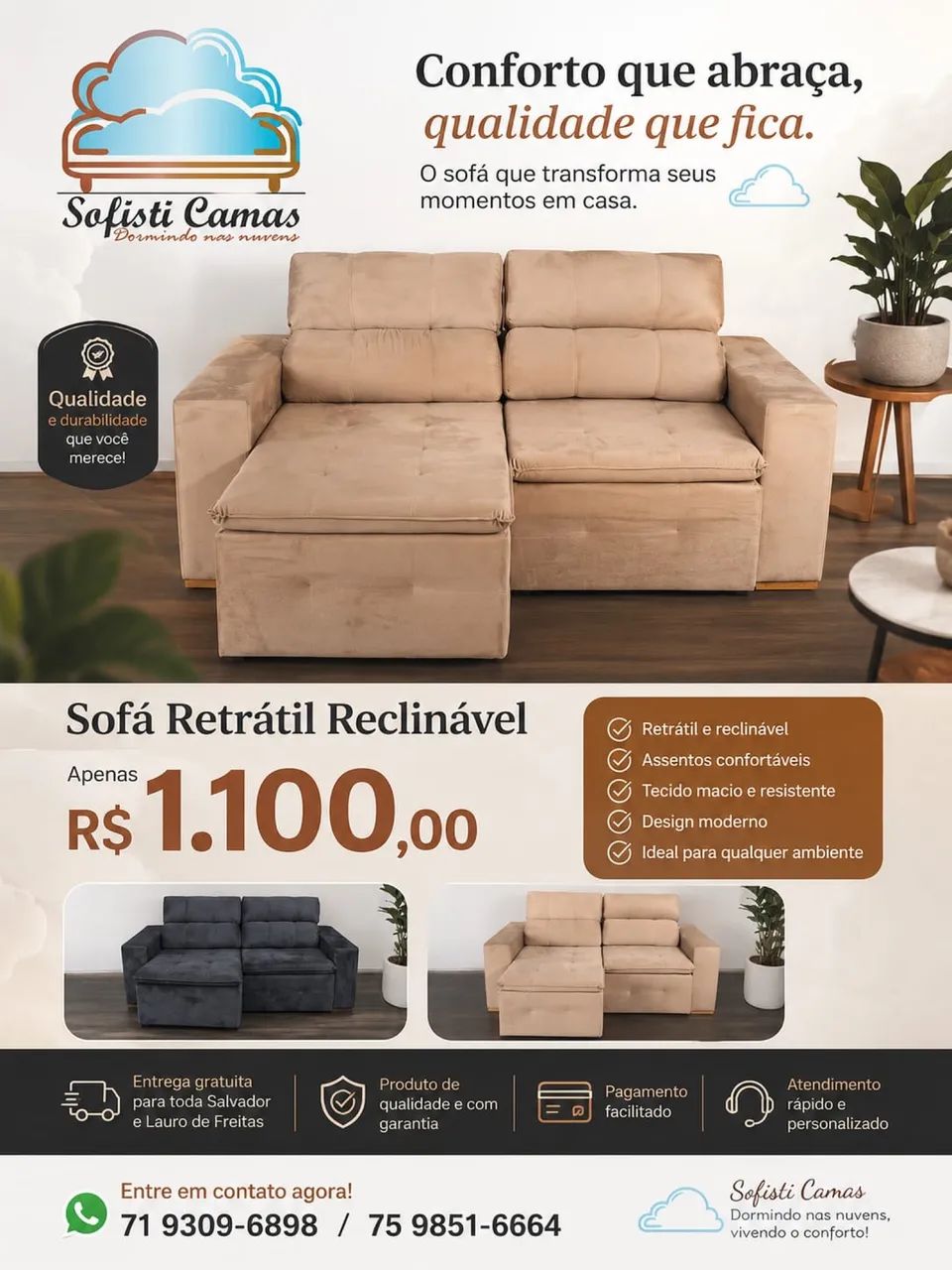 Sofá retrátil/ reclinável  2 ou 3 lugares 