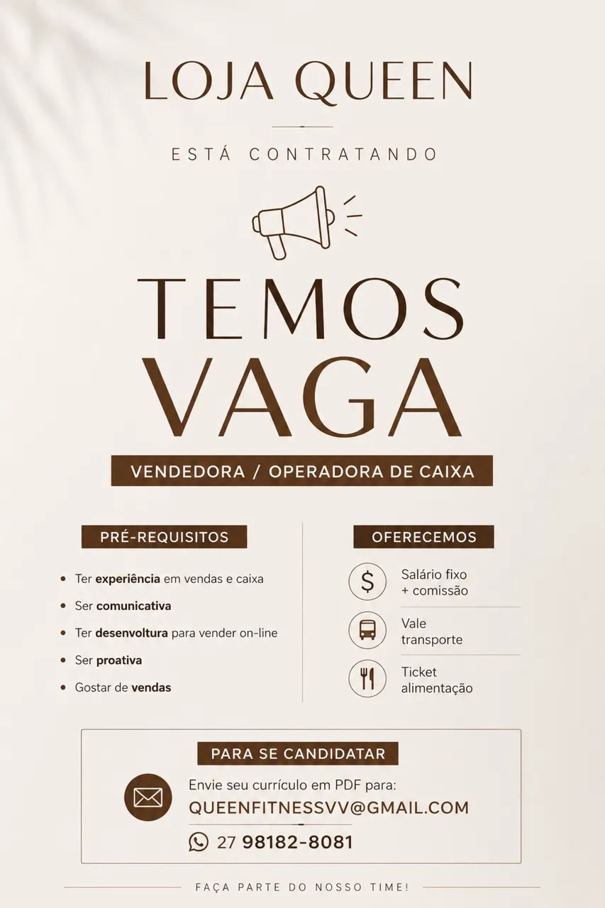 Vaga para vendedora - operadora de caixa 
