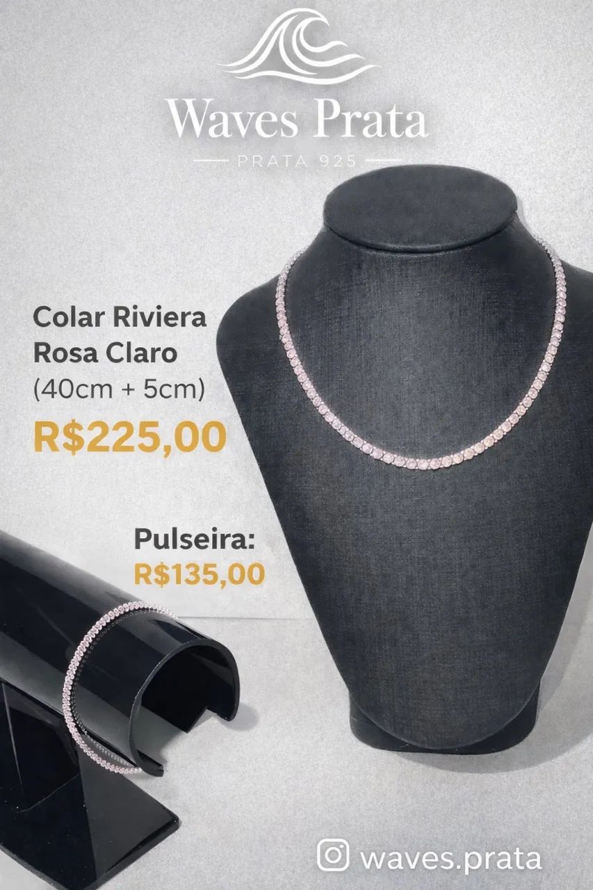 Colar Riviera Rosa Claro (40cm + 5cm) e Pulseira | Prata 925