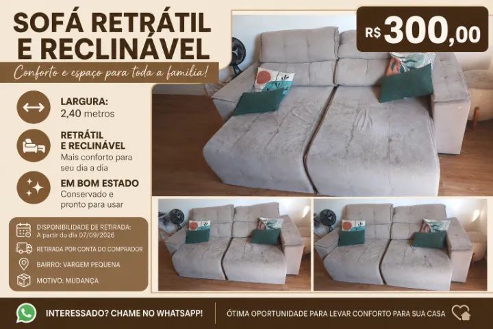 Sofá Retrátil com encosto reclinável 2,40cm
