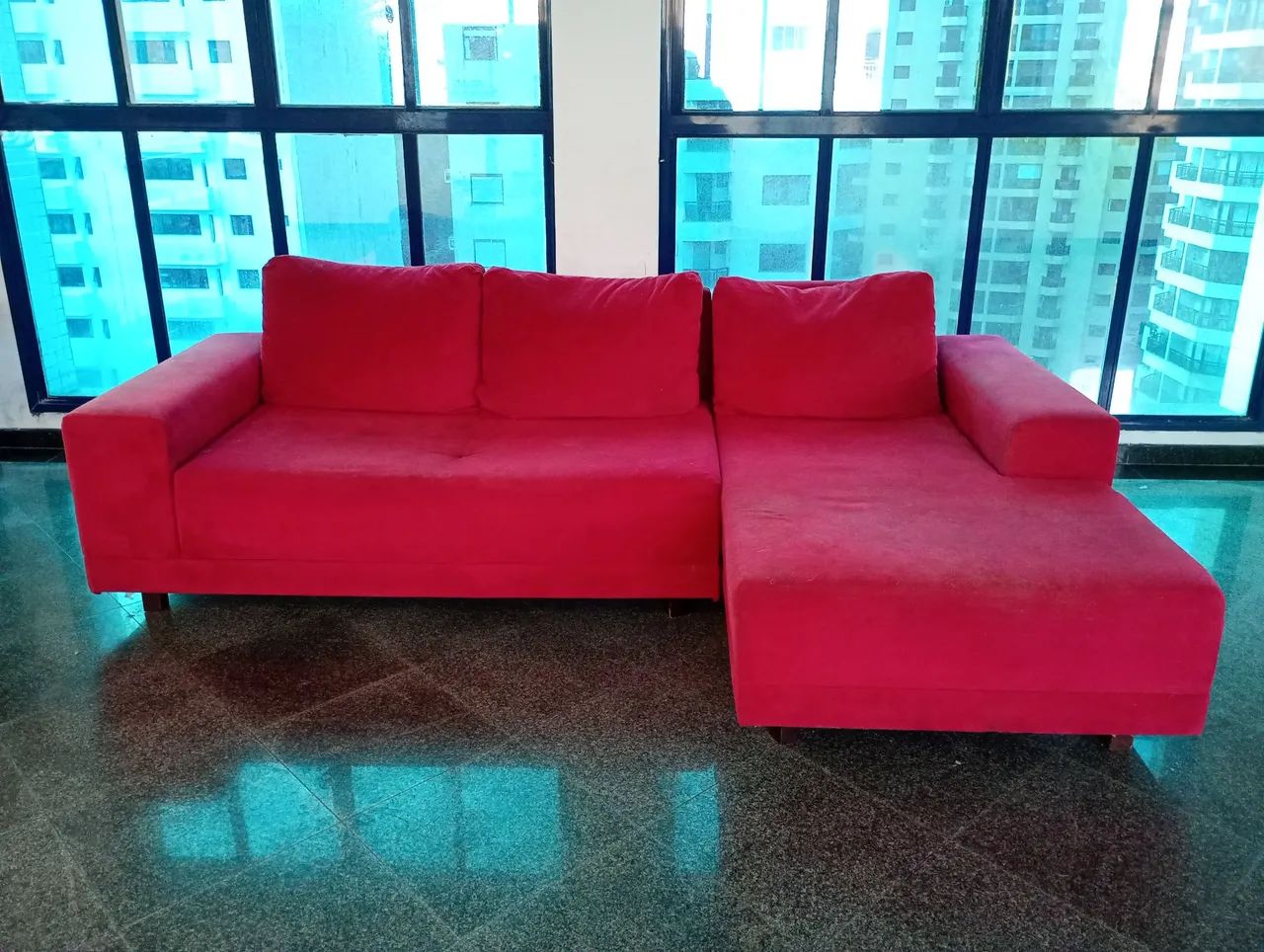 Sofá de Canto em L com Chaise - 3 Lugares Vermelho