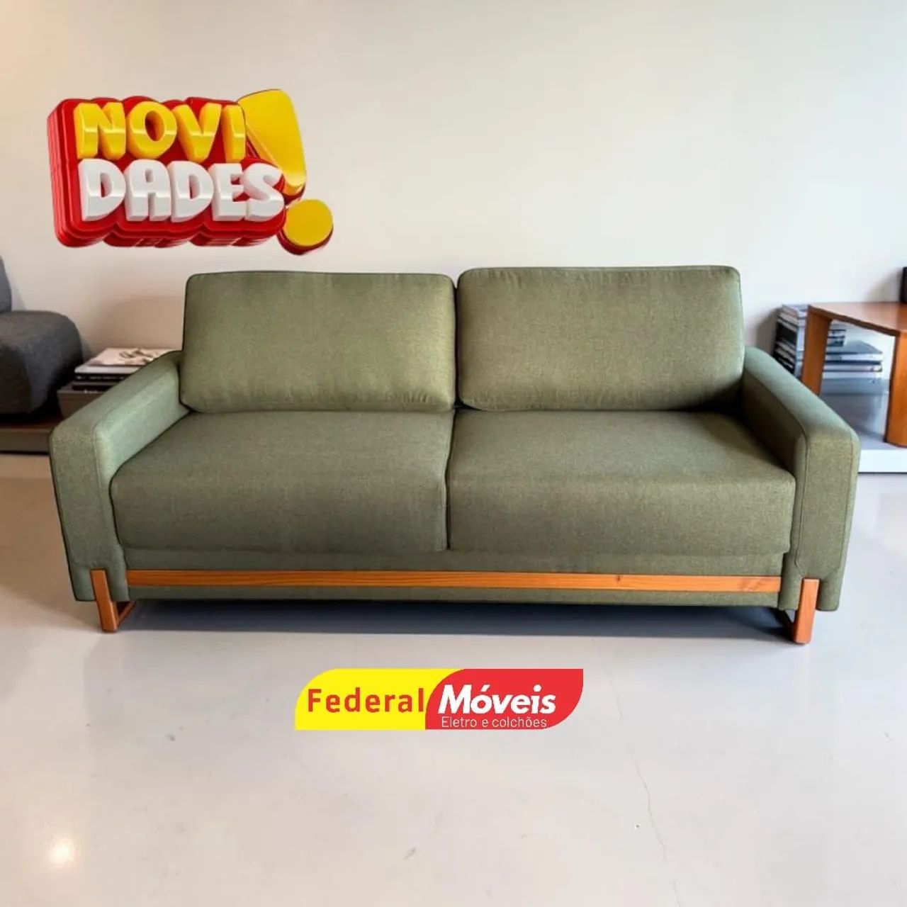 Sofá para Sala Recepção 2,14m em Linho Verde Pés Madeira - Temos Catálogo 