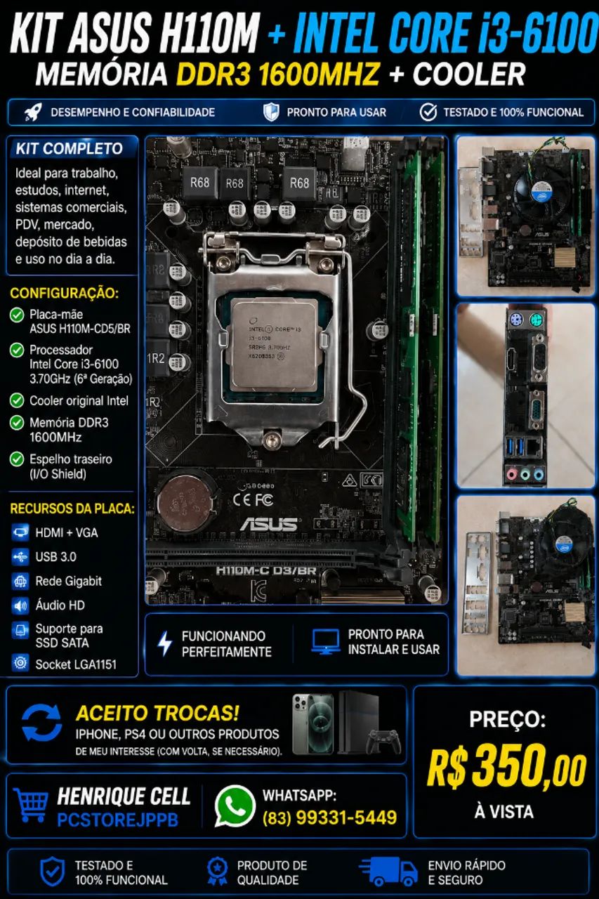 KIT ASUS H110M + INTEL CORE i3-6100 + COOLER é A PLACA E O PROCESSADOR - Foto 2
