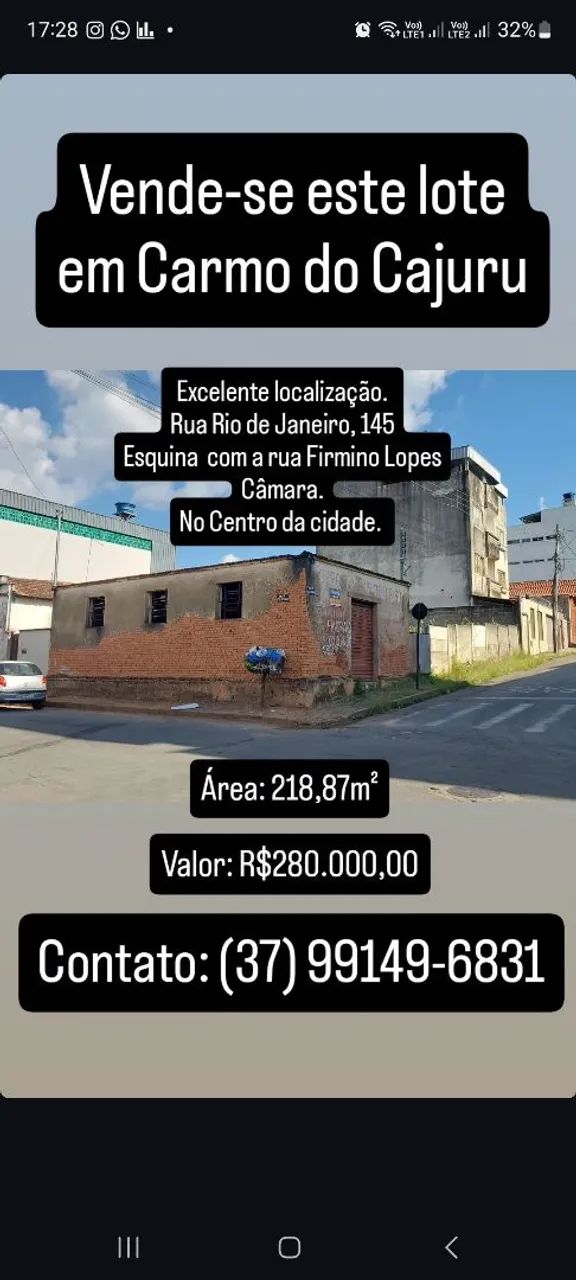 Vendo lote no Centro de Carmo do Cajuru - MG
