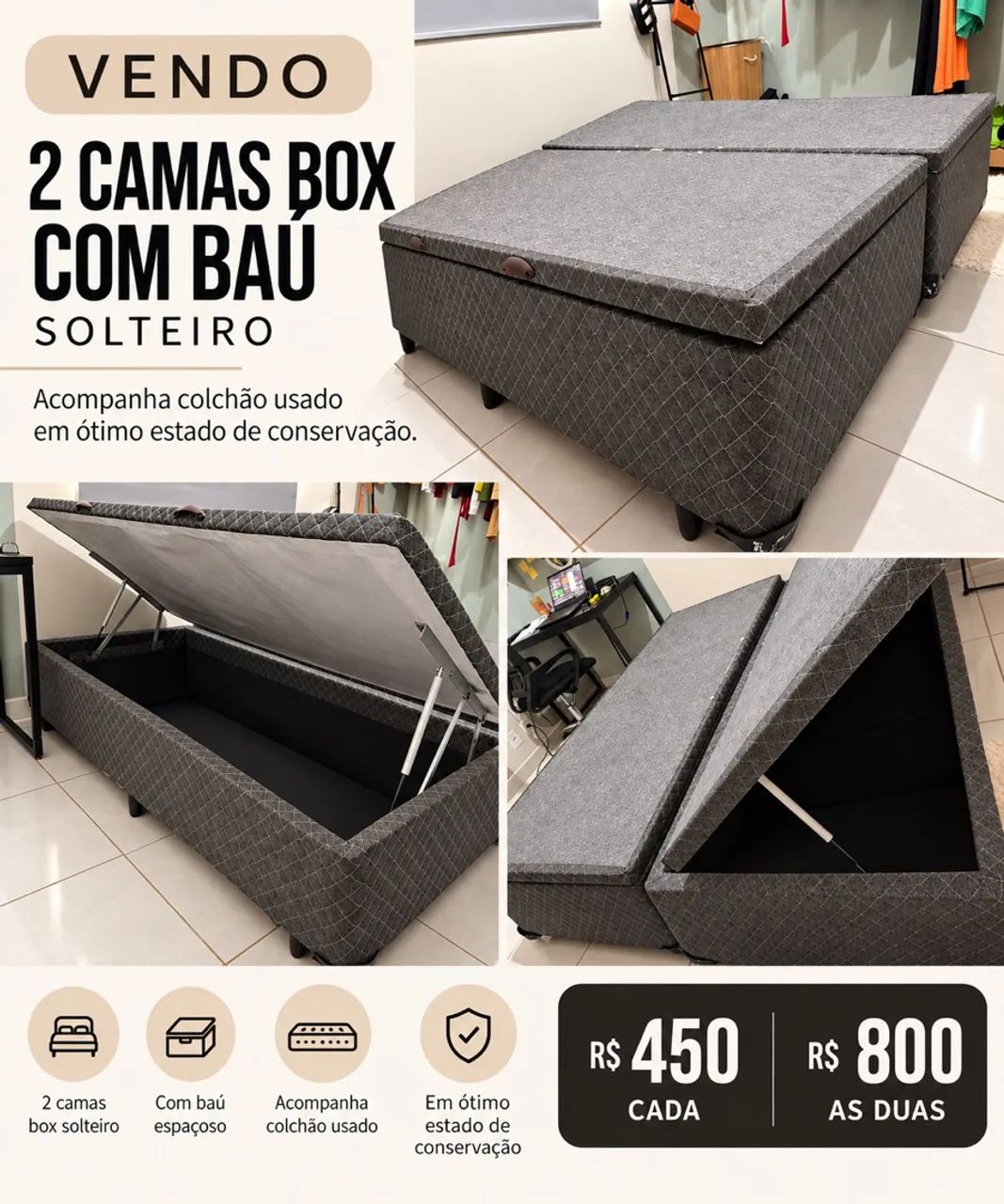 2 camas box com baú solteiro 