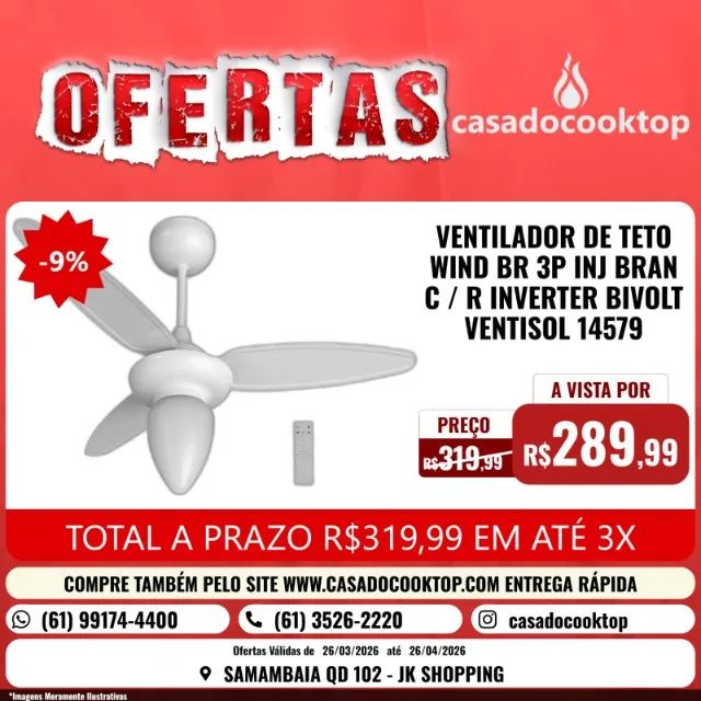 VENTILADOR DE TETO WIND BR 3P INJ BRAN C/R INVERTER BIVOLT VENTISOL 14579