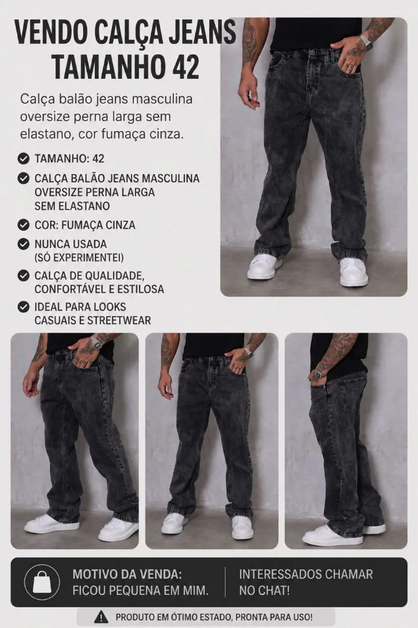 Calça Balão Jeans Masculina Oversize Larga sem Elastano  - Foto 5