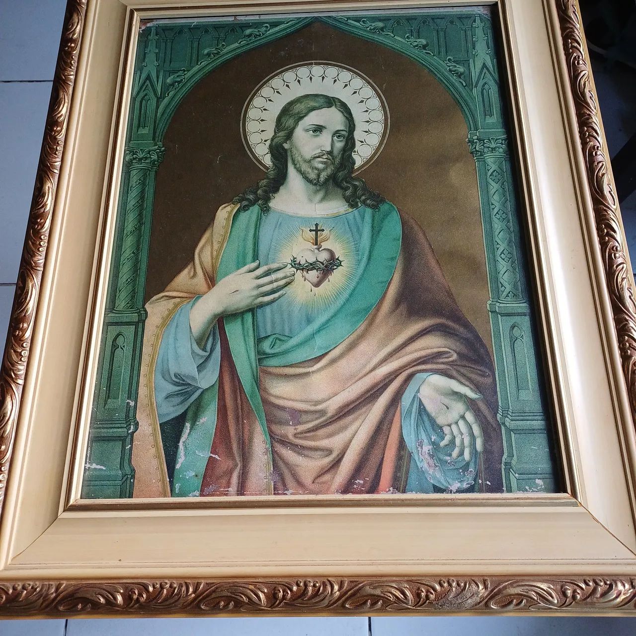 Antiguidade quadro Sagrado Coração de Jesus - Foto 3