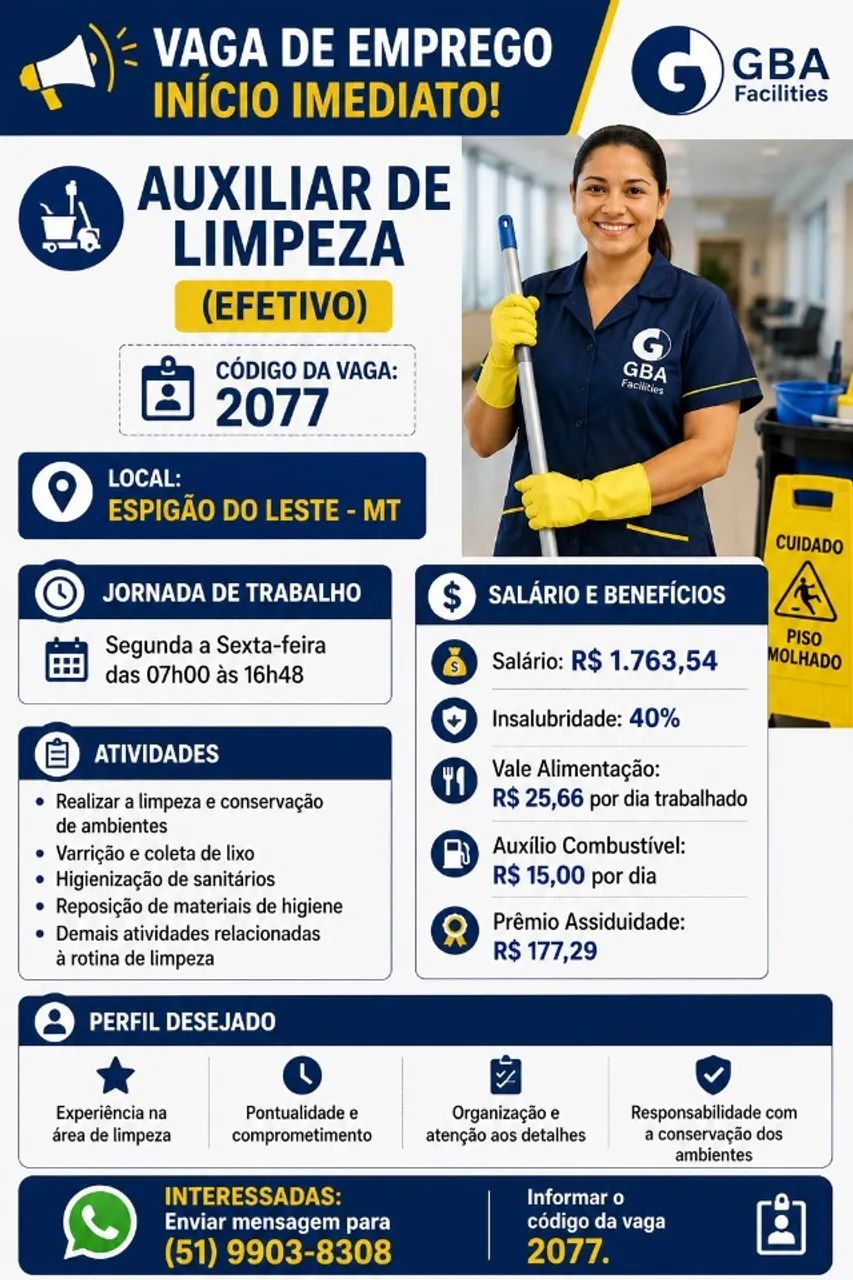 Auxiliar de Limpeza - Espigão do Leste MT