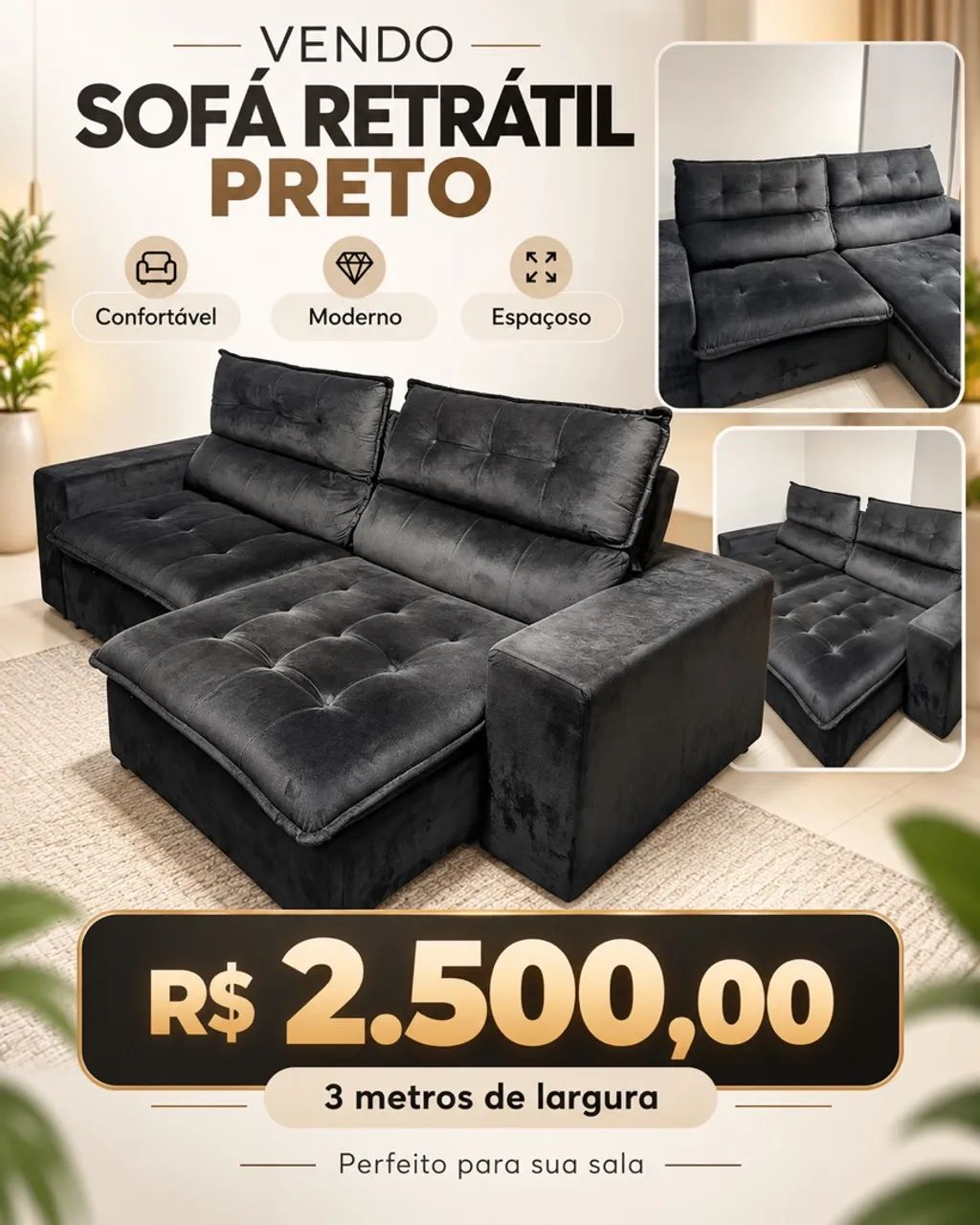 SOFÁ RETRÁTIL PRETO 3M