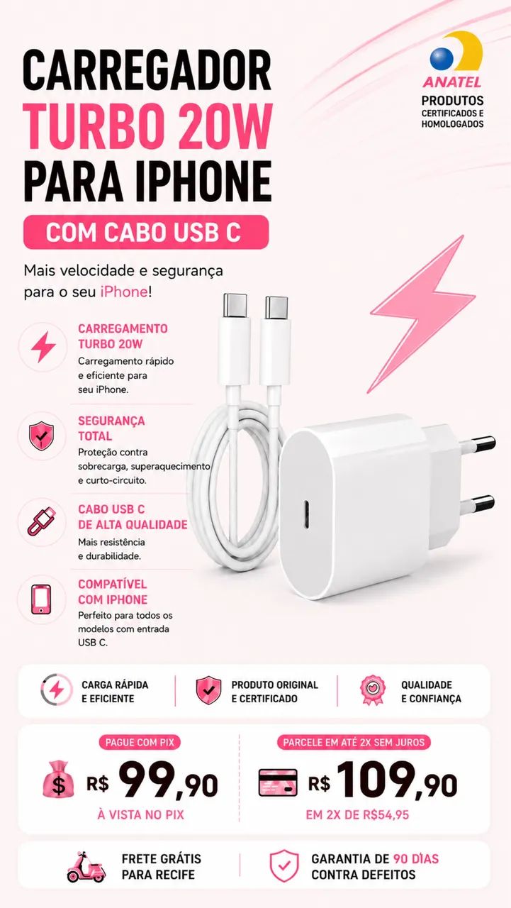 Carregador iphone 17 turbo 20w USB c ou lighting 