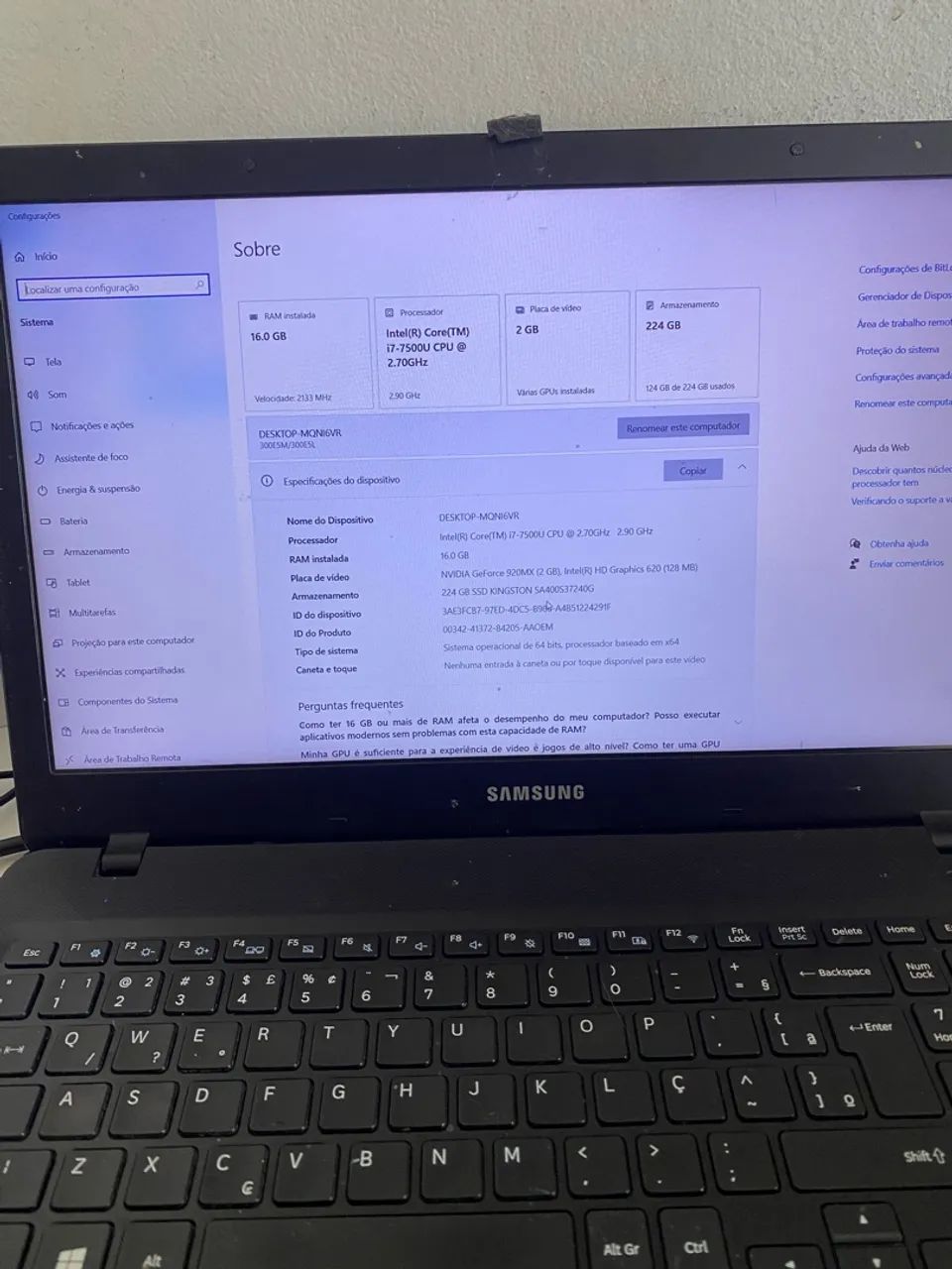Notebook Samsung I7 16 GB Placa de vídeo GeForce