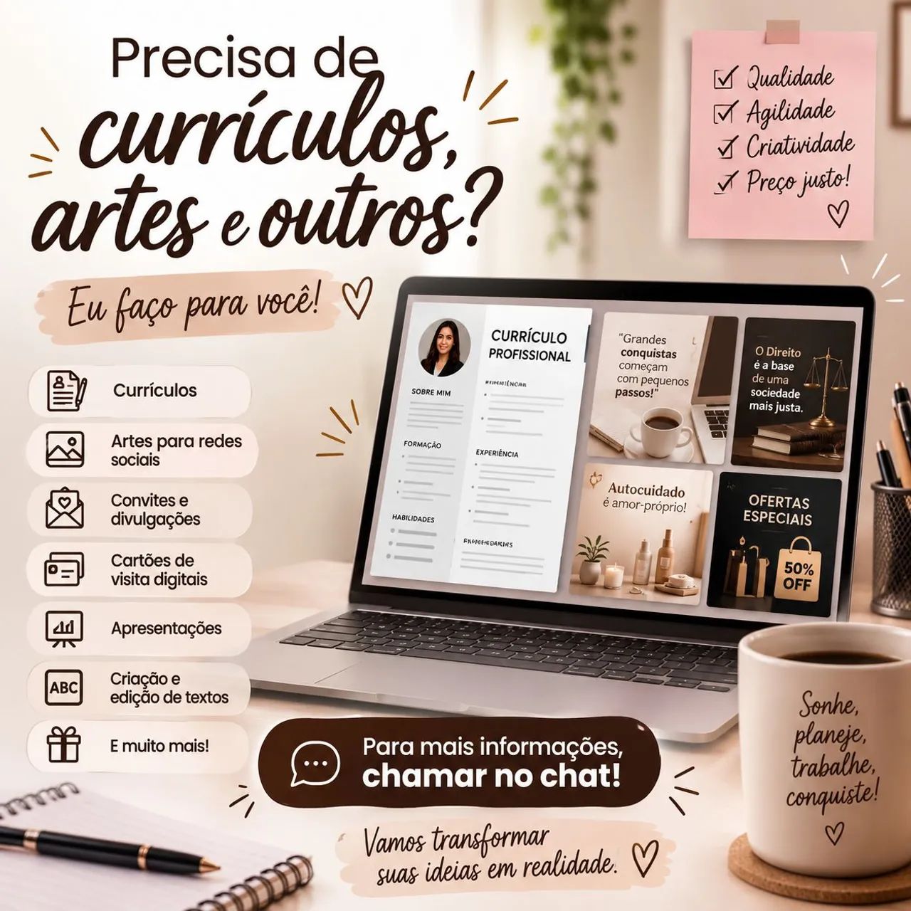 Montagem de currículos, banners, edições e outros 