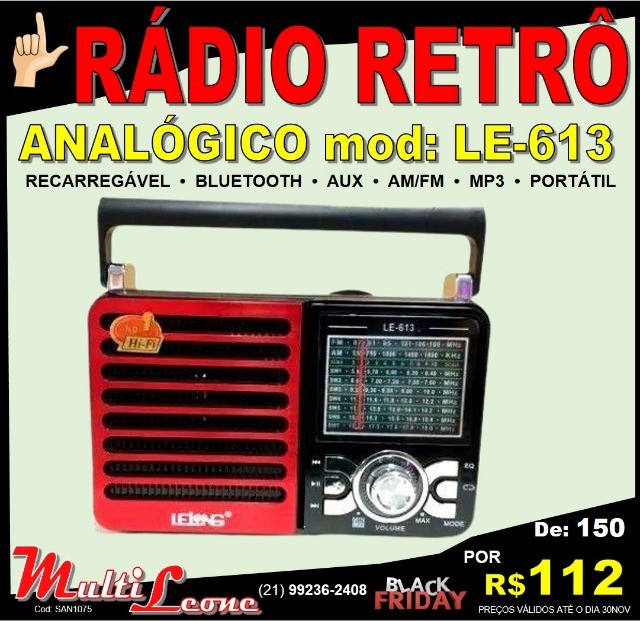 Rádio Retrô Recarregável AM/ FM/ SD/ USb LE-613 Lelong