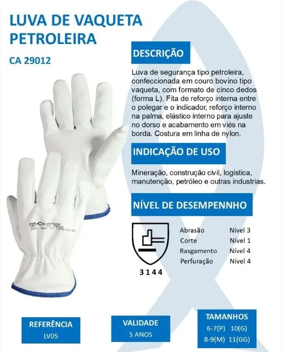 Luva de Couro Vaqueta Modelo Petroleira Tam 10 EPI - Foto 5