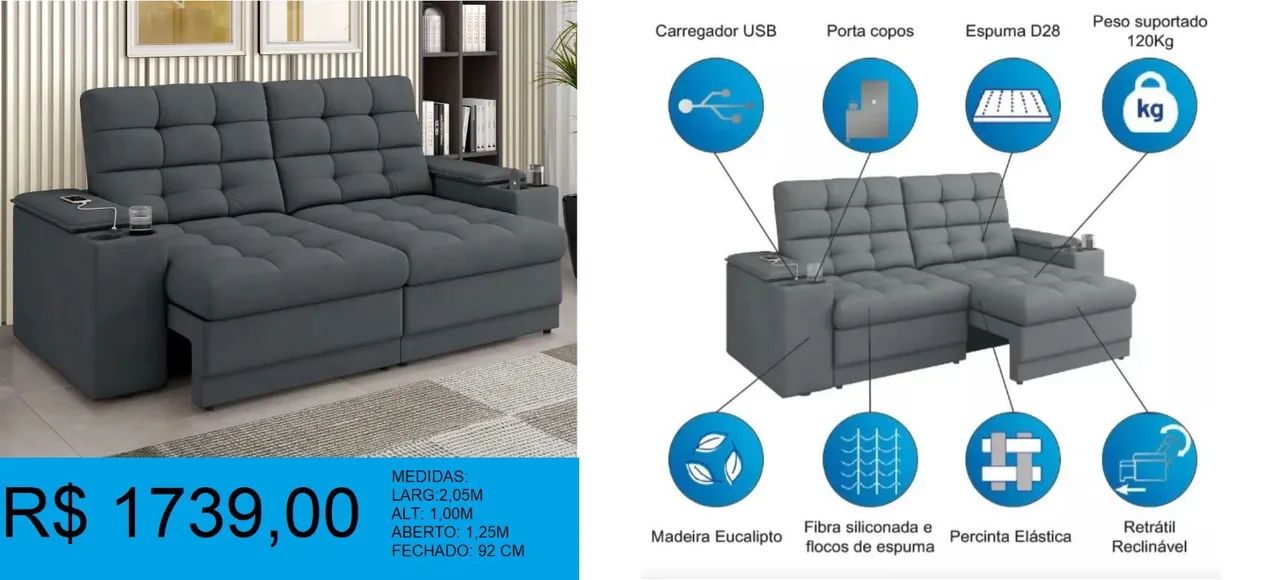 Sofá Retrátil e Reclinável com Carregador USB
