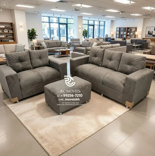 Conjunto Sofá 2 e 3 Lugares Puff Suede Preto D33