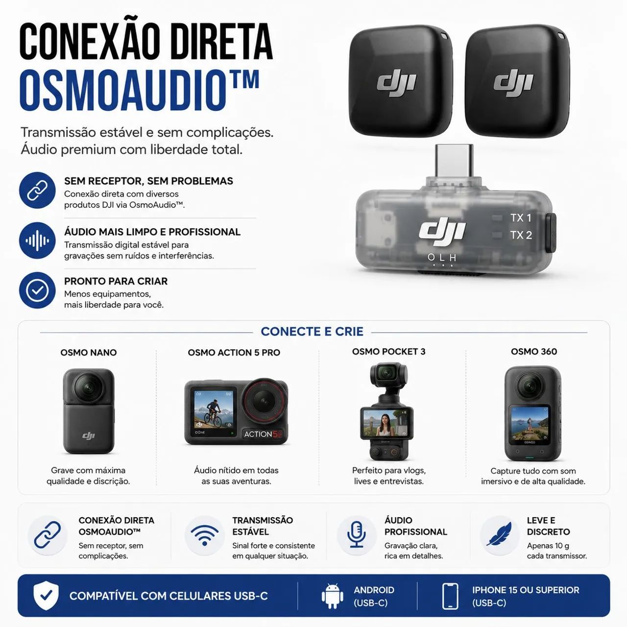 DJI Mic Mini Original Transmissor e receptor sem fio para celular USB-C - Foto 5