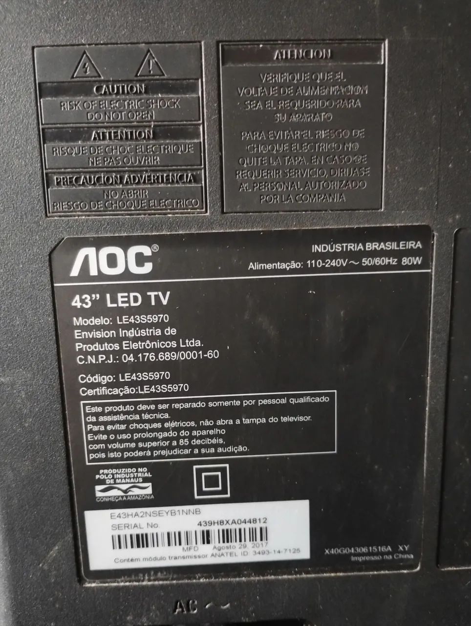 Tv OAC 43 Pol com defeito 