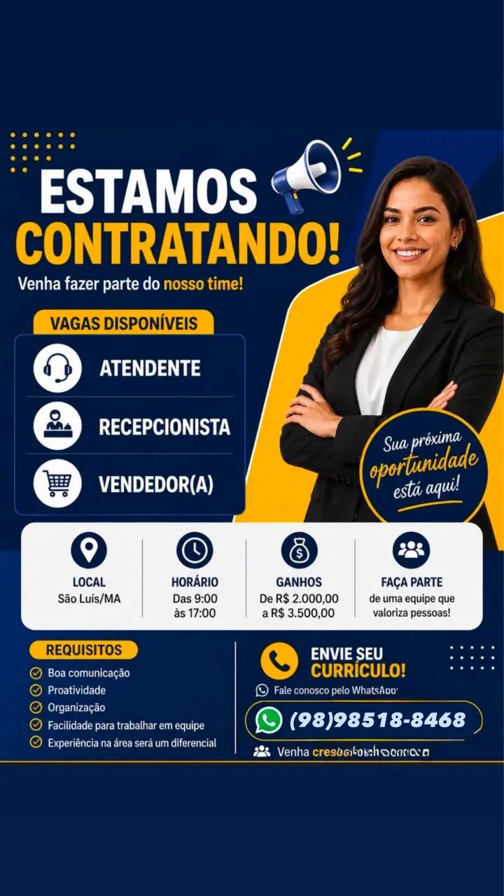 VAGA DE EMPREGO INÍCIO IMEDIATO!