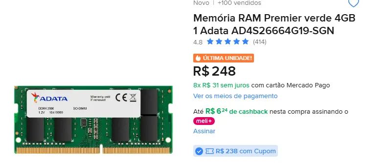 Memória RAM Premier DDR4 4GB Adata 2666 - Notebook Minipc - Foto 2