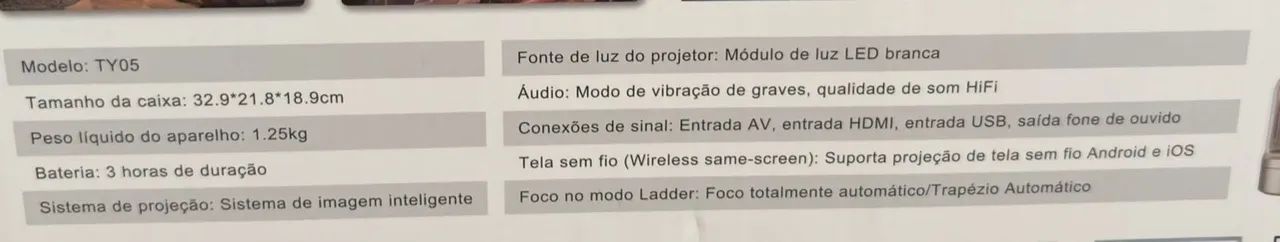Projetor Portátil H'maston TY05-Foco Automático/Bateria Interna semi novo Menos de 3 meses - Foto 3