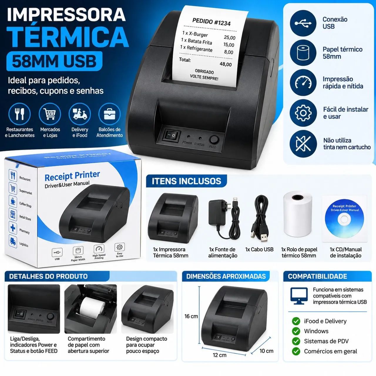 Impressora Térmica 58mm USB para Pedidos iFood e Delivery - Nova - Foto 2