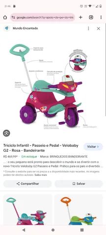 Triciclo Infantil - Passeio e Pedal - Velobaby G2 - Rosa - Bandeirante