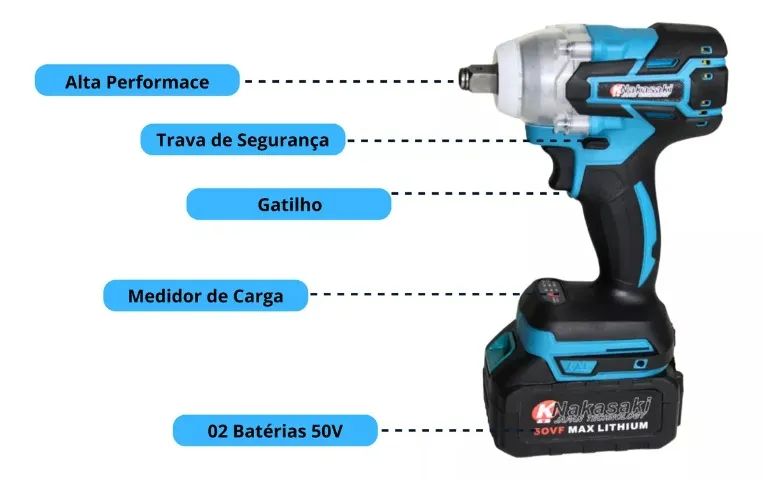 Chave impacto Parafusadeira Eletropneumática a Bateria 50v com