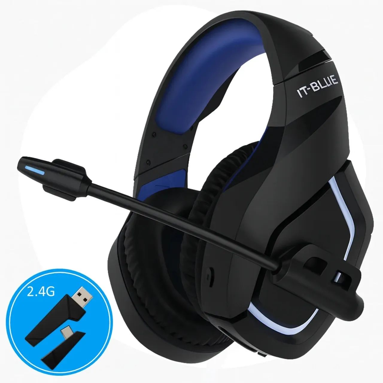 Headset Gamer Bluetooth V5.4 RGB com Som 7.1 Surround e Adaptador 2.4G Preto/Azul It-Blue 
