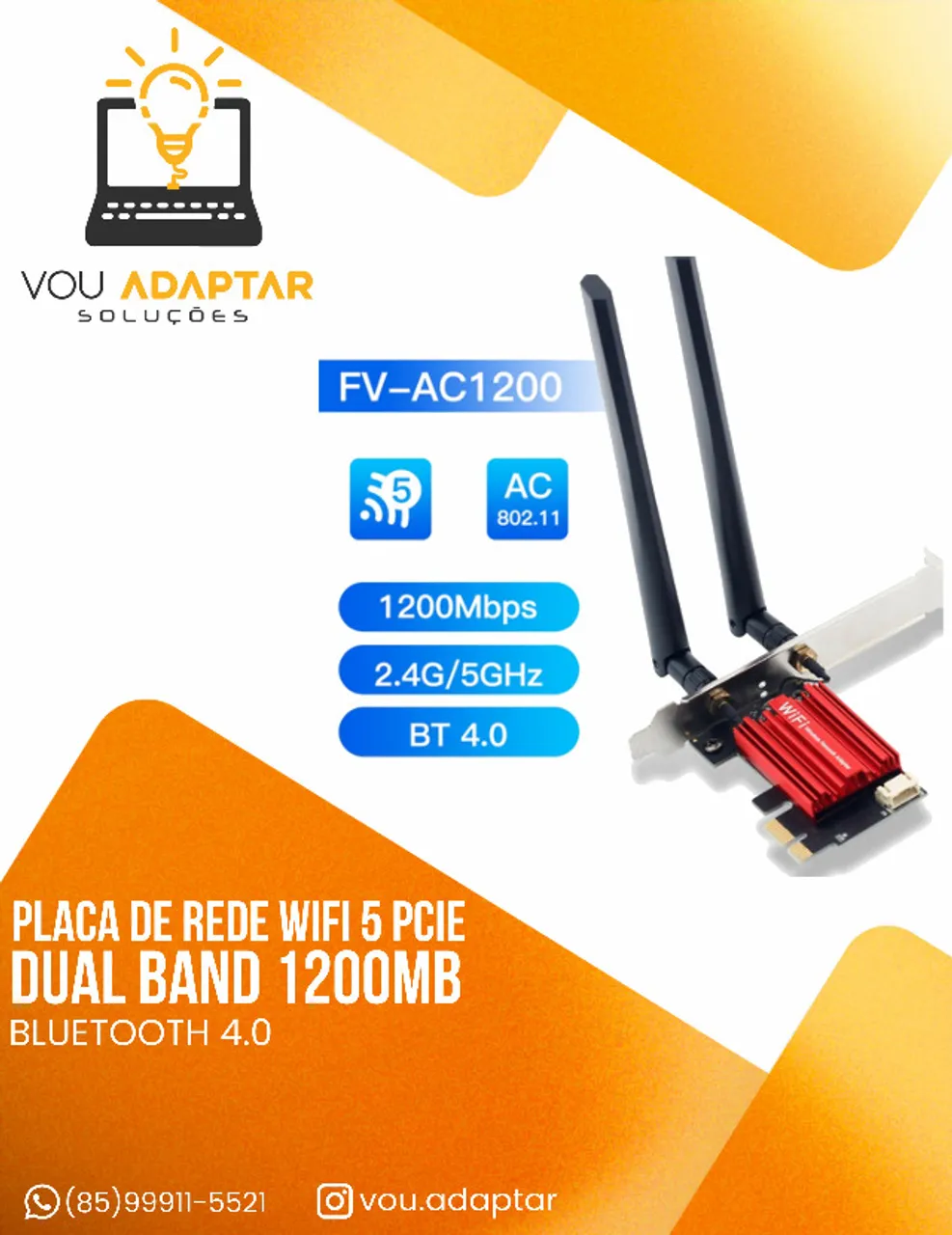 Placa de Rede wireless pcie Wi-Fi 5 Fenvi FV-AC1200 Dupla Banda 1200 Mbps Bluetooth 4.0