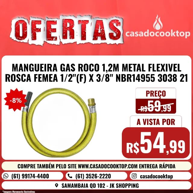 MANGUEIRA GAS ROCO 1,2M METAL FLEXIVEL ROSCA FEMEA 1/2"(F) x 3/8" NBR14955 3038 21