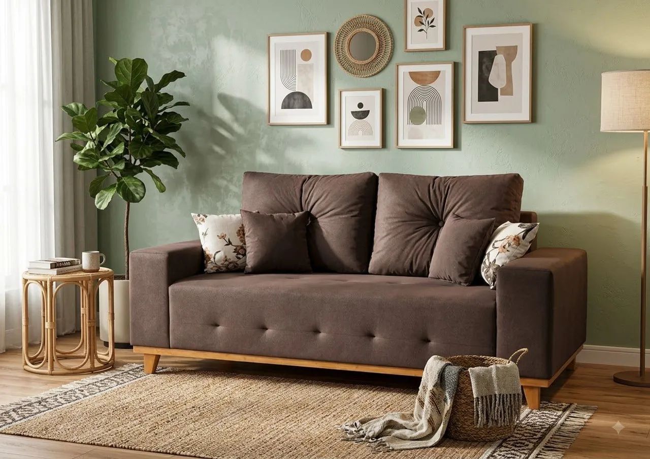 Sofá retrô quadrado 3 lugares com 4 almofadas decorativas grátis 