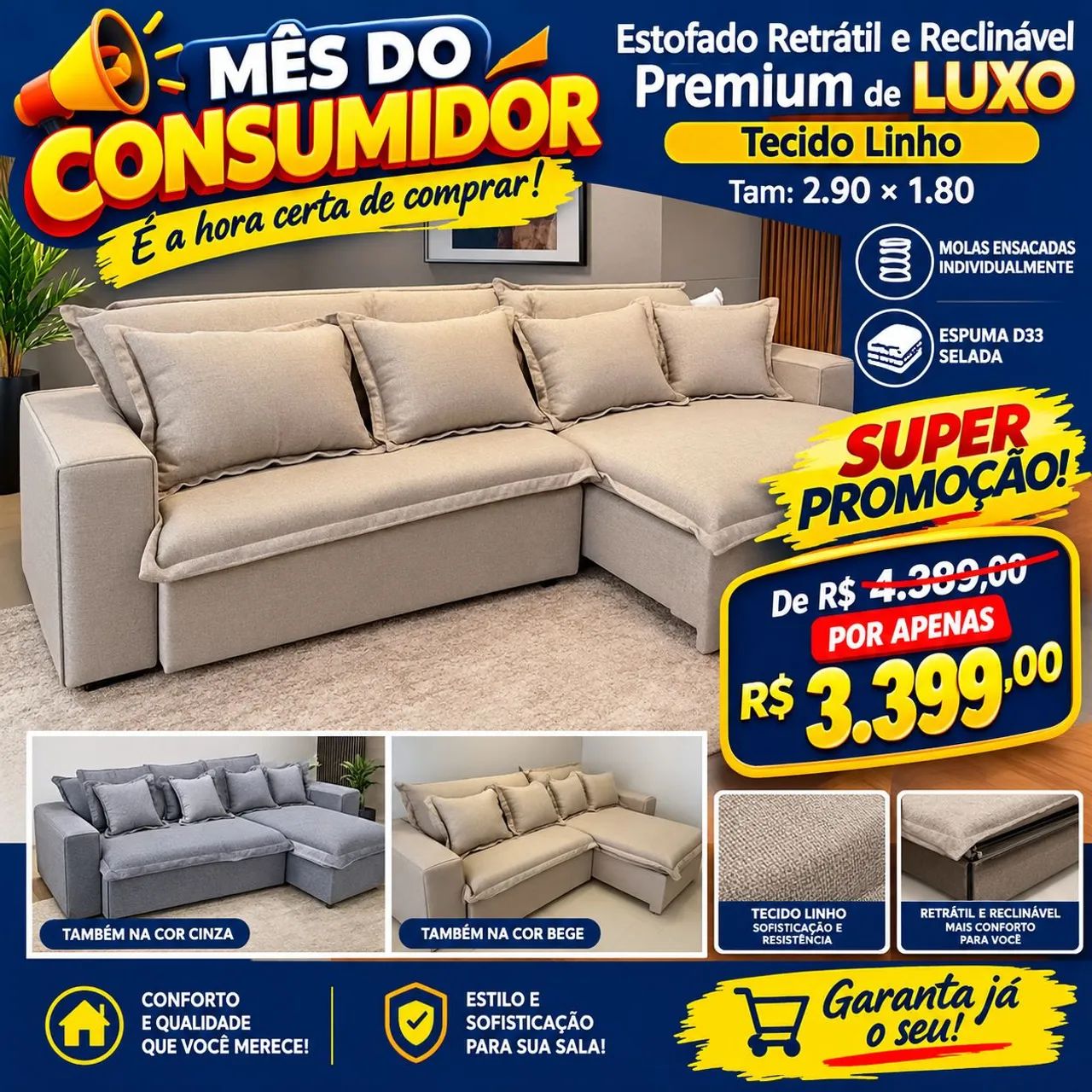 Sofá Retrátil e Reclinável Elegante e sofisticado com molas ensacadas no assento no linho 