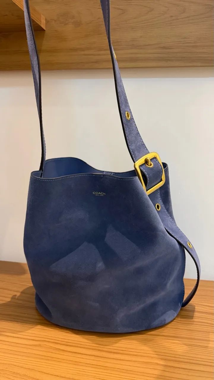 Bolsa coach bucket suede azul nova original 