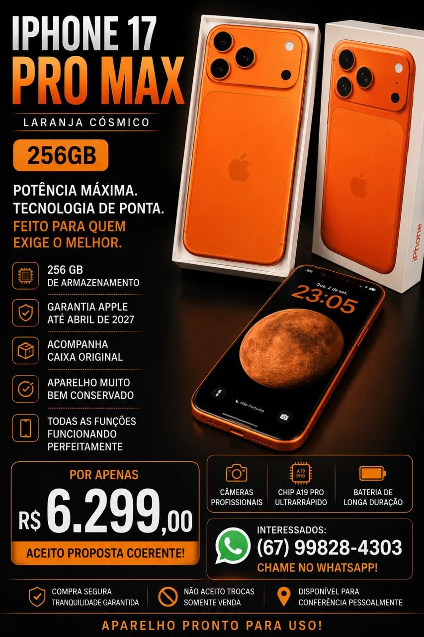 iPhone 17 Pro Max 256GB Laranja Cósmico - Garantia Apple até 04