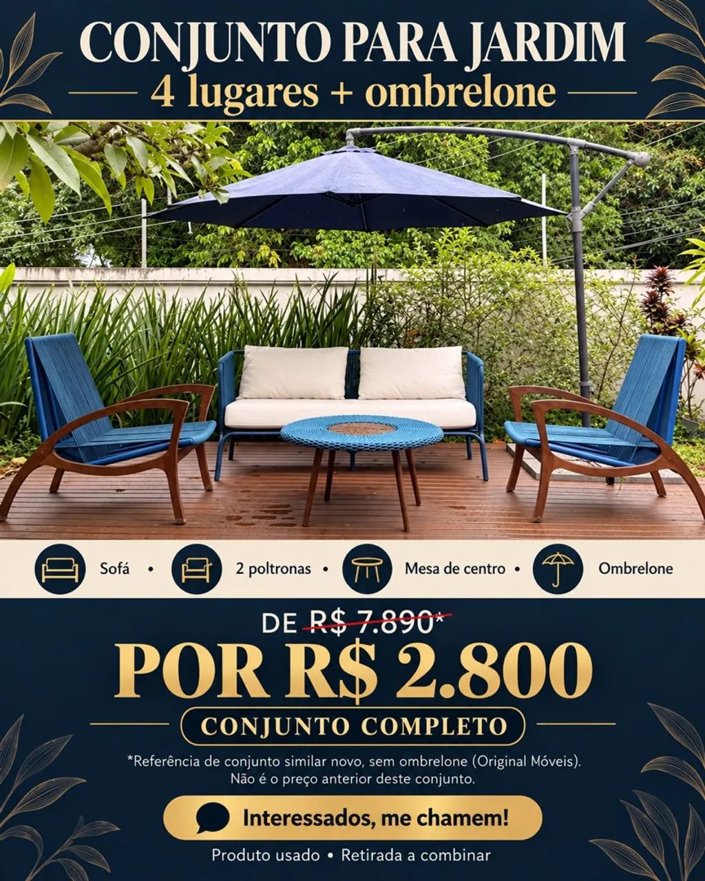 Conjunto Jardim 4 Lugares Mesa Redonda E Ombrelone Azul