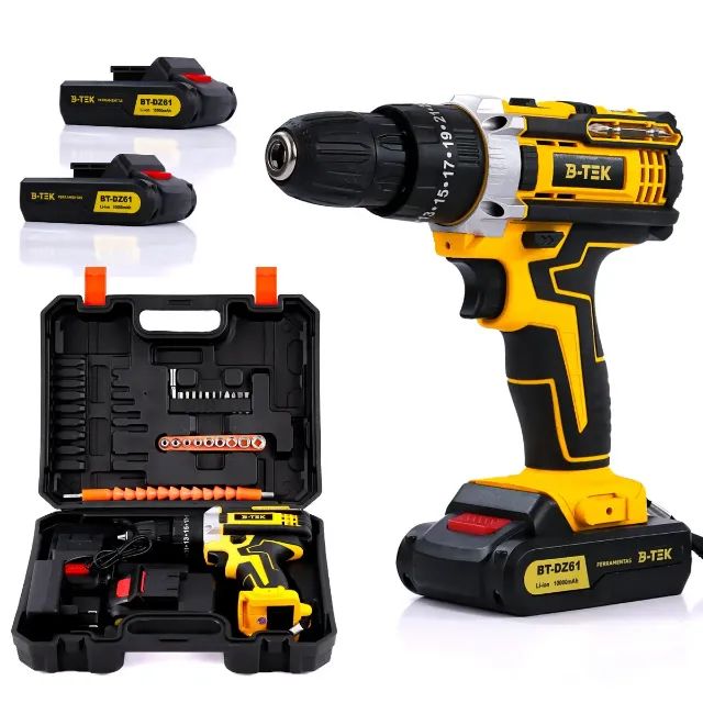 B-tek 21V Impact Drill/Screwdriver, 110/220V, with Carrying Case and Accessories