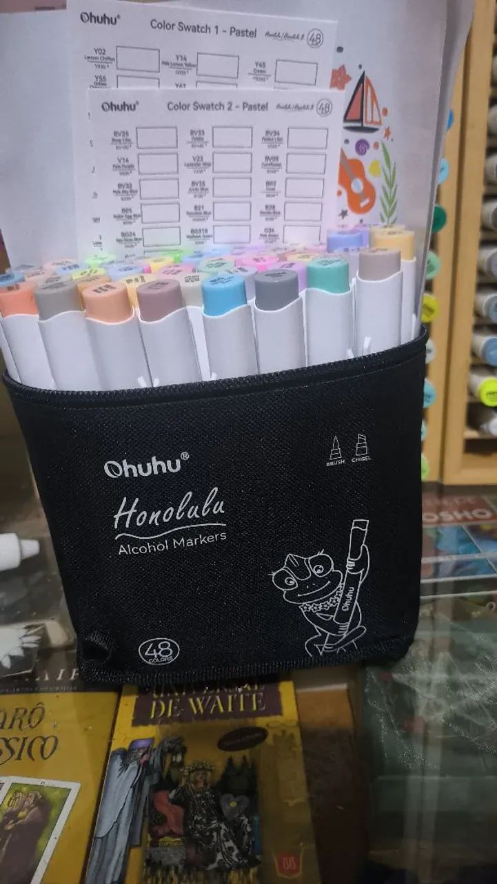 Canetas Ohuhu 48 cores tons pastéis ponta chanfrada e pincel