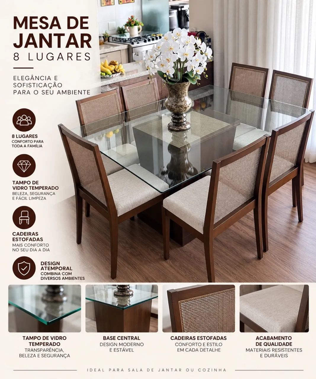 Mesa de jantar vidro temperado 8 lugares 