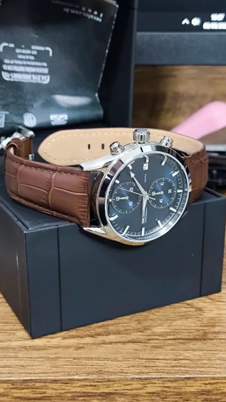 Relógio Séculus Cronógrafo Prateado Pulseira de Couro Legítimo  - Foto 2