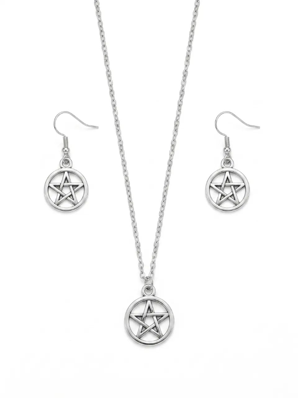 Conjunto Kit Colar e Brincos Pentagrama Wicca Estrela de 5 Pontas Proteção