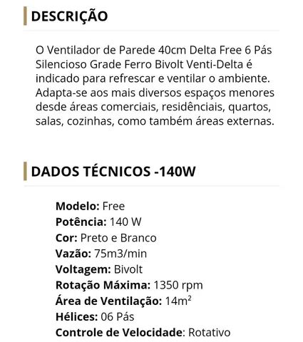 Ventilador De Parede Venti-Delta Delta Free 40Cm Preto Bivolt - Foto 3
