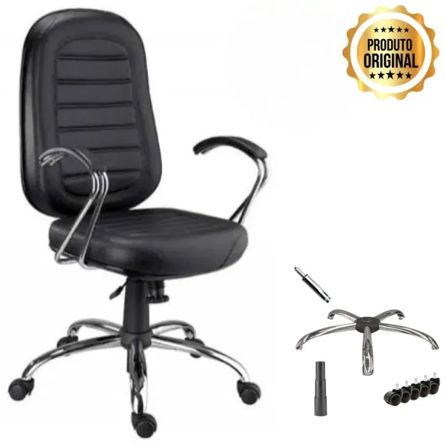 Cadeira Presidente Baixa Preta Base e Braços Cromados Conforto Ergonômica Modelo 30104