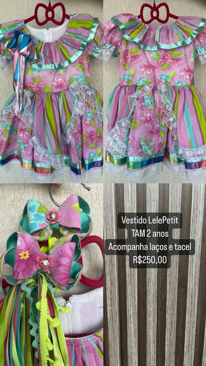 Vestido de Festa Junina LelePetit Tam. 2 anos - Acompanha laços e tacel