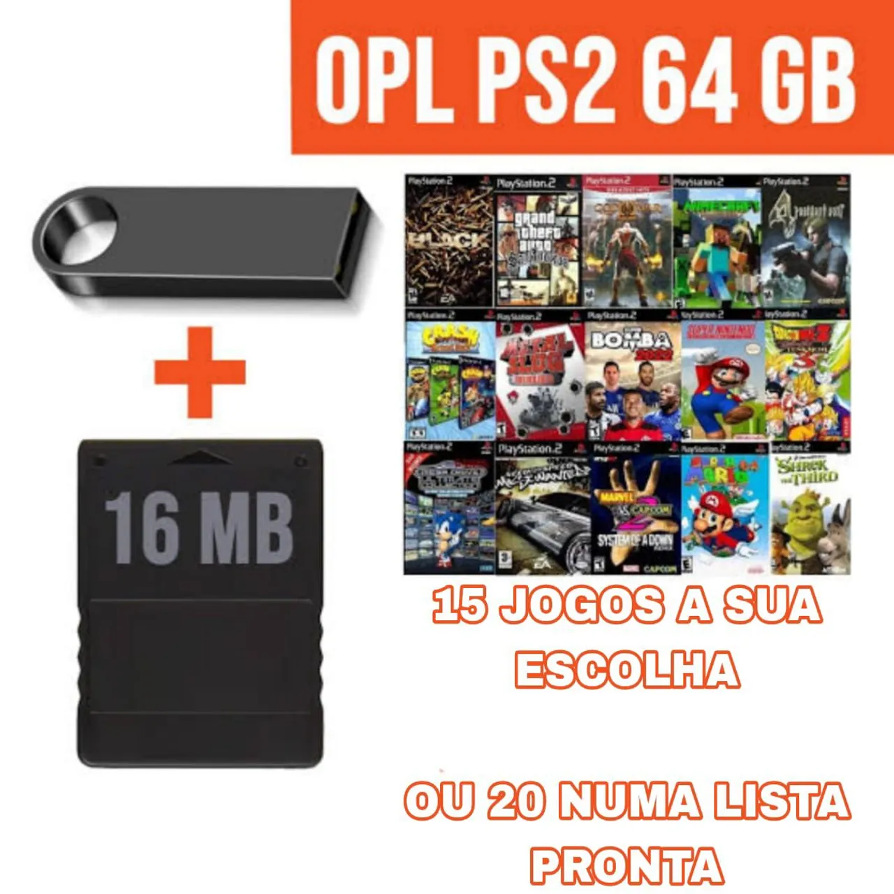 KIT PS2 OPL 64GB + Memory Card 16MB + 20Jogos
