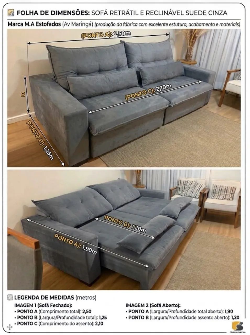 Sofá Retrátil e Reclinável Suede Cinza - 2,50 m