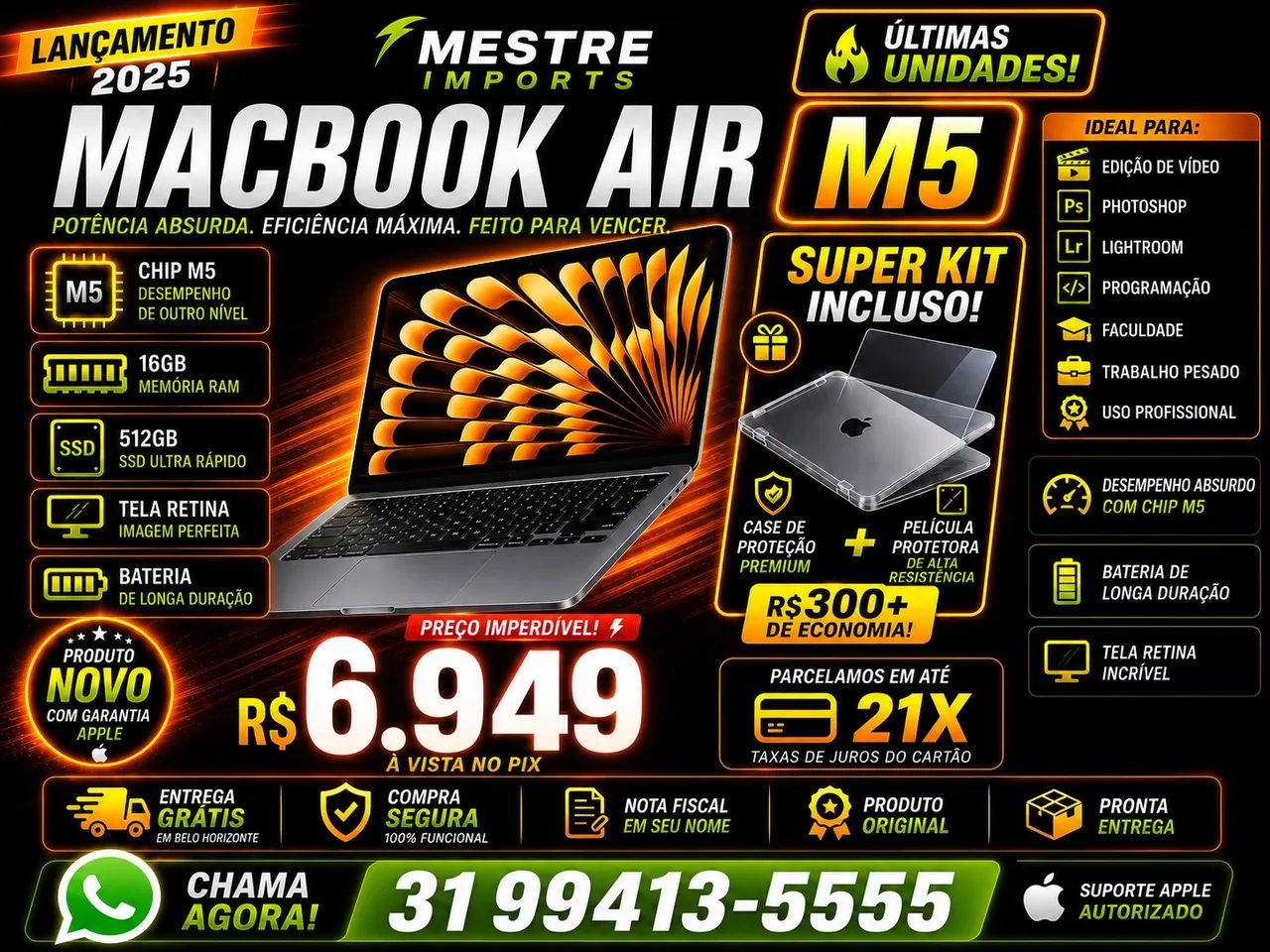 MACBOOK AIR M5 16GB SSD 512GB APPLE COM CASE DE PROTEÇÃO
