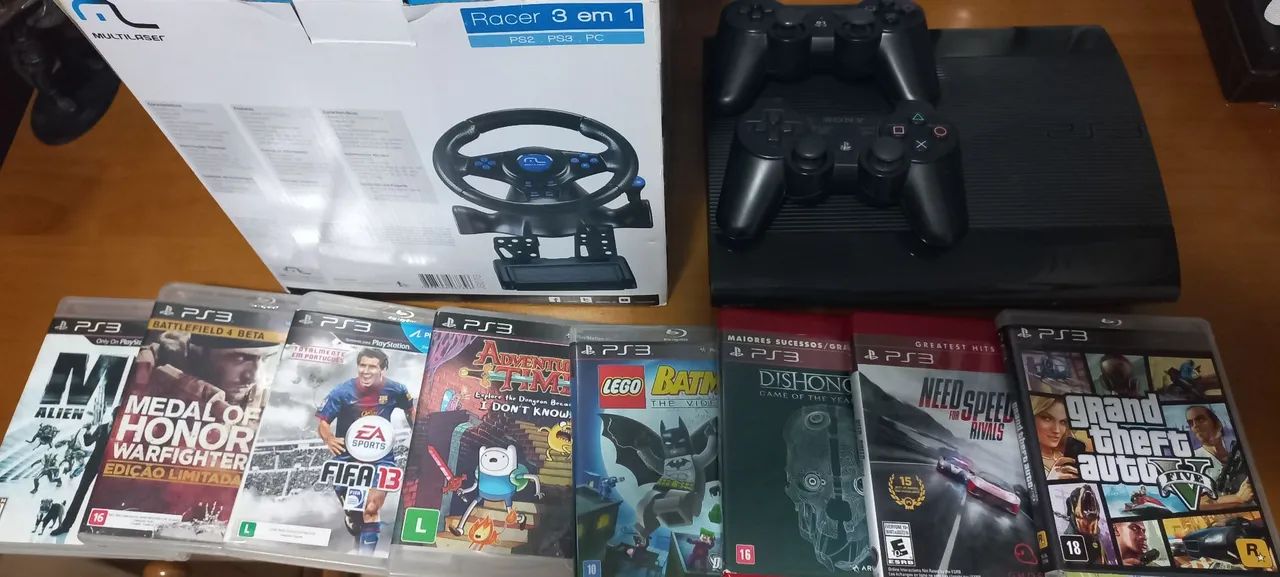 PS3 SLIM com 9 jogos e um volante 3x1